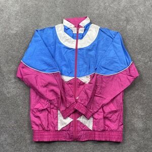 CABAZON Womens Windbreaker Jacket Blue Pink White Geometric Retro Size S